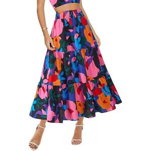 BTFBM Skirts for Women Summer 2026 Floral Print A Line Elastic High Waist Boho Maxi Skirt Spring Fashion Clothing Pocket L