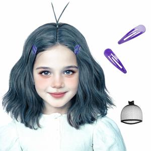 Kids Short Curly Dark Blue Emotion Wave Wigs + Hair Clips + Wig Cap Synthetic Hair for Child Girls Toddler Halloween Party Costumes (Blue Envy)