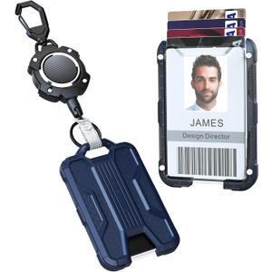 LIUGX Retractable Badge Holders, Heavy Duty Carabiner Keychain Clip,Durable ID Card Holder (Holds 4 Cards), with 31.5” Retractable Badge Reel,10,000+ Rebound,Carbon Fiber-Texture,Dark Blue