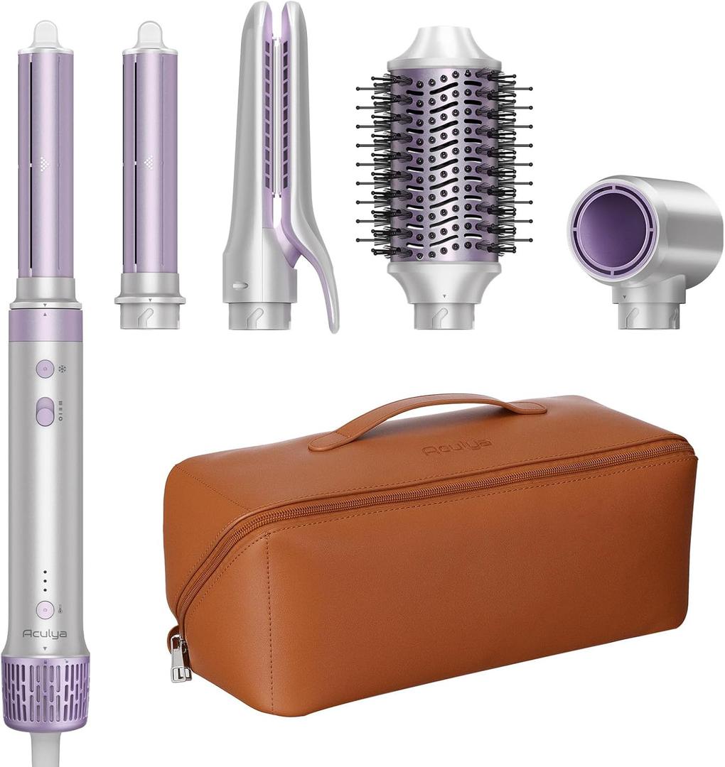 5 in 1 Hot Air Styler- 110,000 RPM Ionic Straighter, High Speed Hair Dryer, Volumizer & Auto-Wrap Curlers, Frizz-Free Styling Tool, Hair Styler Gift Set with Travel Bag (Purple)