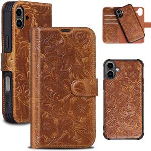 Leather Case Compatible with iPhone 16 Wallet 6.1",Genuine Leather 2in1 Magnetic Detachable Shockproof Kickstand,Flip Folio Cover with Card Slot, RFID Blocking Durable Brown