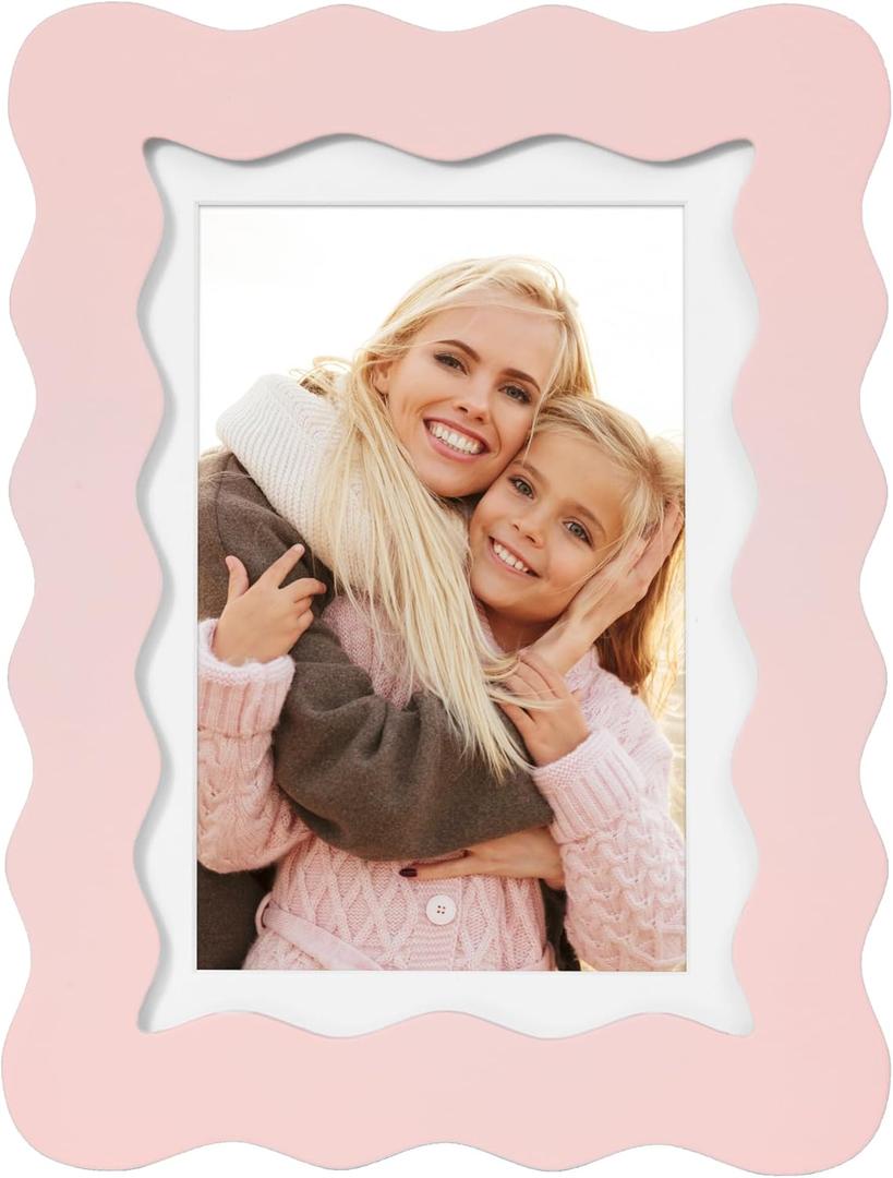 5x7 Cute Picture Frame, Wavy Curved Photo Frame with 4x6 Mat and Real Glass, Unique Funky Frame for Table and Wall Display, Home Office Desk Decoration Art, Baby Girl Gift (5x7, Light Pink)
