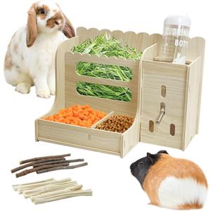 Hamiledyi Guinea Pig & Rabbit Hay Food Bin Feeder with Water Bottles & Wooden Hay Rack for Small Animals