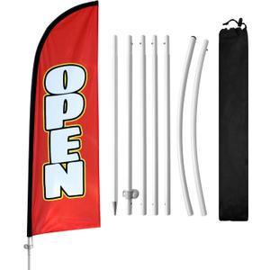 8FT Open Signs, Open Flag for Business, Open Feather Flag with Base, Open Flags with Pole Kit, Ground Stand for Outside Open Day Advertising (Red)