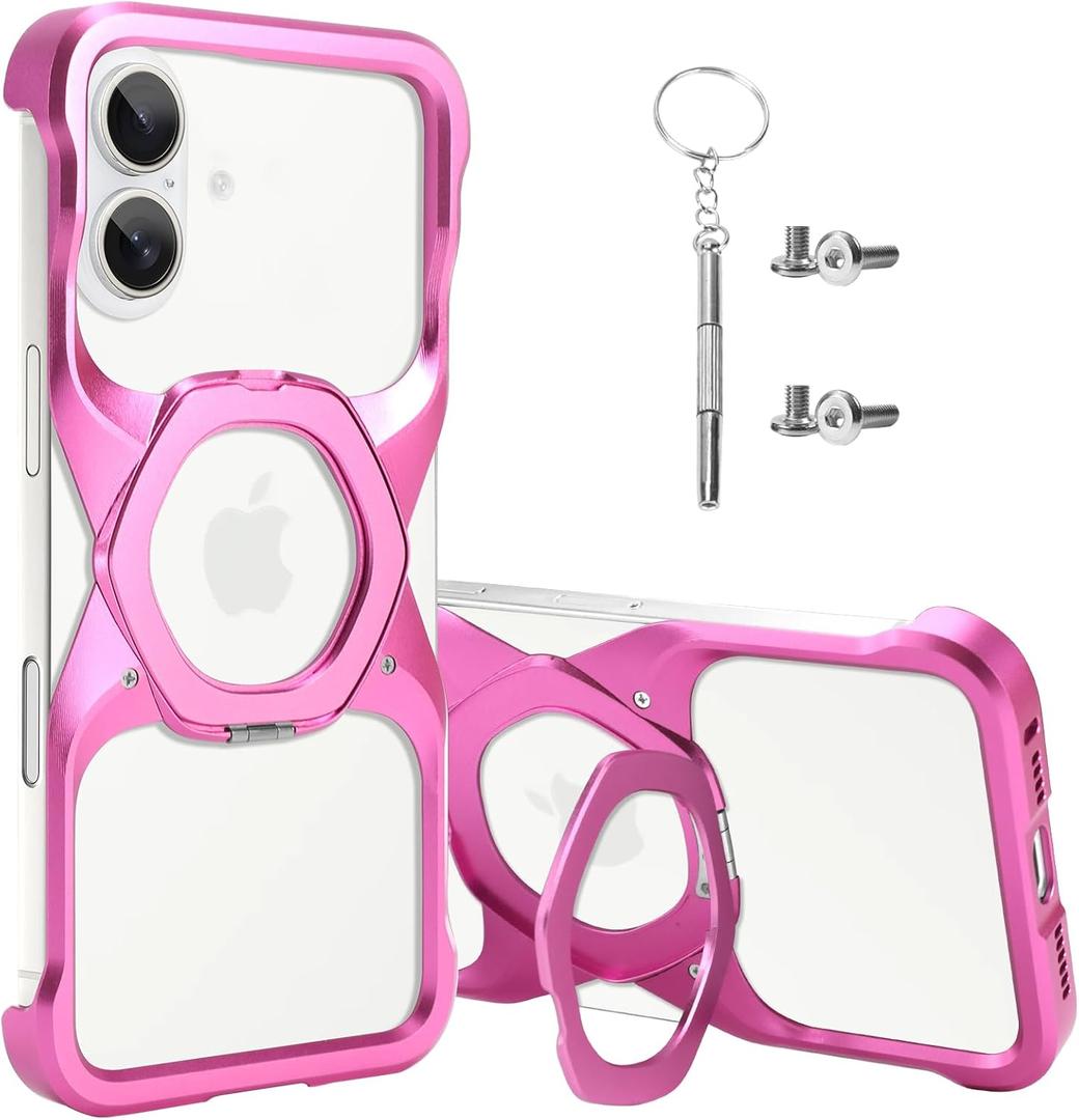 Frameless Phone Case Compatible with iPhone 16 Plus Minimalist Phone Case Magnetic Kickstand Metal Frameless Protective Shock Case (Megalith) Hot Pink