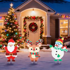 Hiznomgs Christmas Decorations Outdoor Yards Signs with Stakes, 3 Pcs Santa Claus Snowman Reindeer Christmas Decor for Garden Lawn Pathway Patio Holiday New Year Home