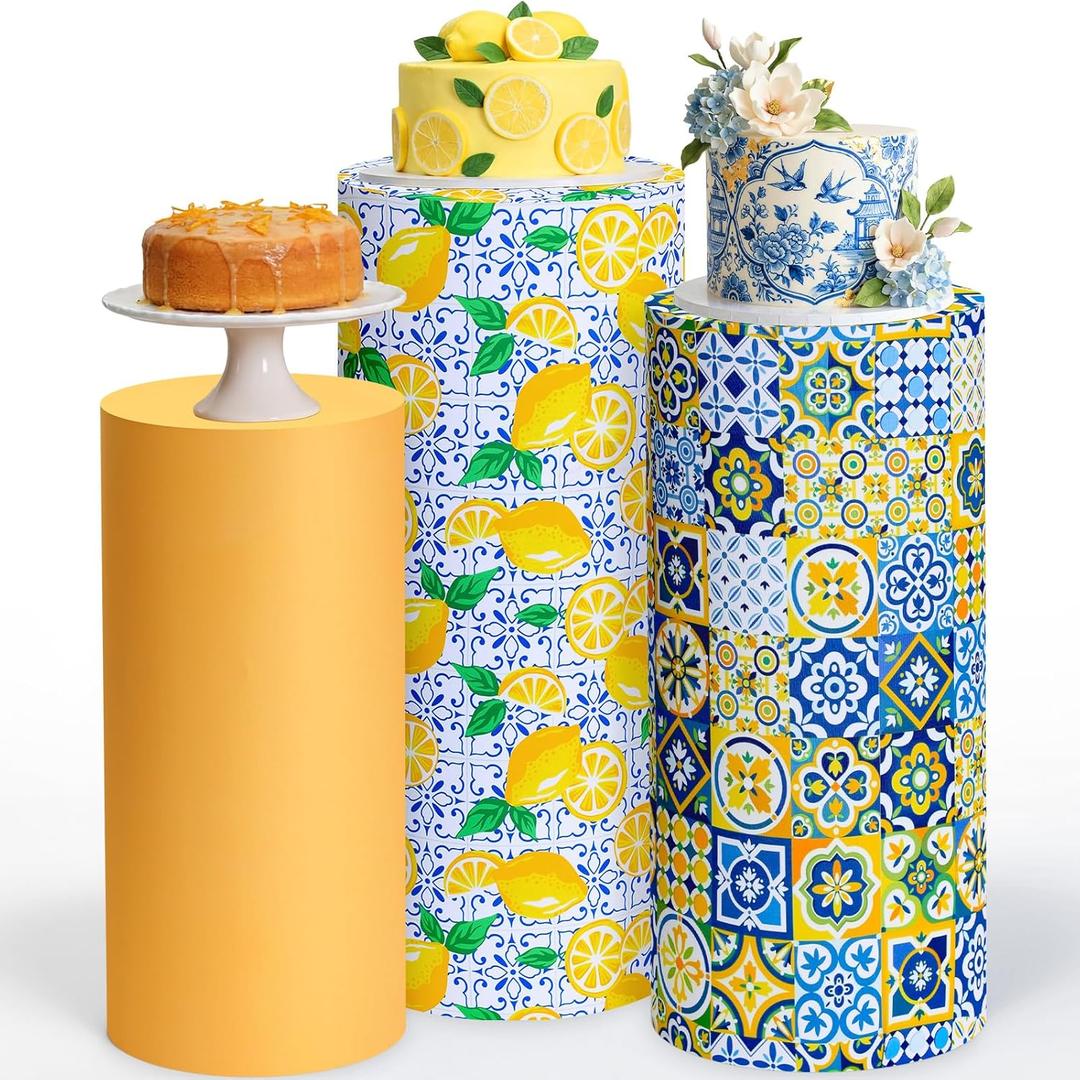 Mindsoft Set of 3 Mediterranean Capri Lemon Spandex Cylinder Stand Covers for Party, Amalfi Coast Cylinder Pedestal Cover, Dessert Table Display for Summer Birthday Party Backdrop Decor