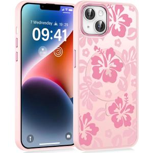 Pink Cute Hibiscus Flower Phone Case for iPhone 13/14 6.1", Compatible with MagSafe, Floral Pattern Print Design Magnetic Case for Women Girls Soft TPU Hard PC Shockproof Funda Cover