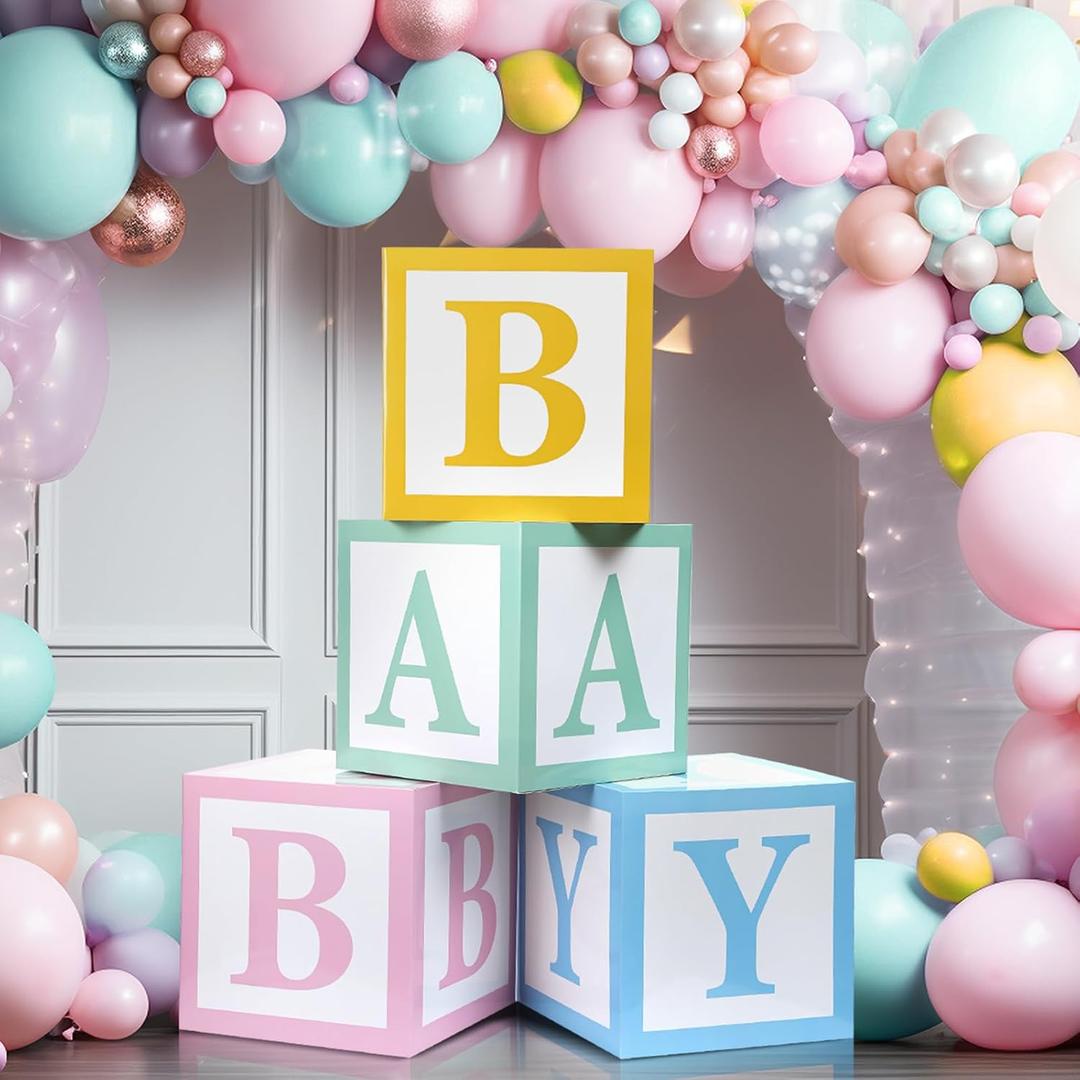 Humyoun 4 Pcs Pastel Baby Boxes with Letters for Baby Shower Party Rainbow Candy Box Decor with Letters B a B Y Blocks Design for Gender Reveal Party Backdrop
