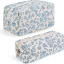 2 Pcs Makeup Bag Travel Cosmetic Bag，Cute Floral Quilted Makeup Bag Set for Women Girls，Cotton Travel Toiletry Zipper Make Up Pouch (Blue Floral)