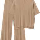 PRETTYGARDEN 2 Piece Lounge Sets for Women Summer 2025 Short Sleeve Tops Wide Leg Pants Matching Travel Outfits Clothing (Khaki,X-Small)