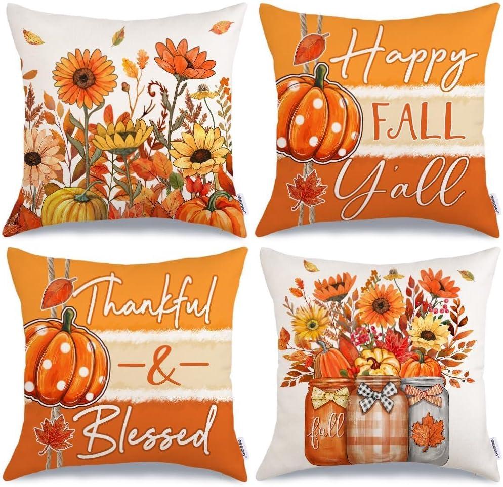 GEEORY Fall Throw Pillow Covers 18x18 Inch Set of 4, Pumpkins Floral Mason Jars Happy Fall Y'all Thankful & Blessed Orange Autumn Seasonal Decorative Farmhouse Decoration for Home G552-18