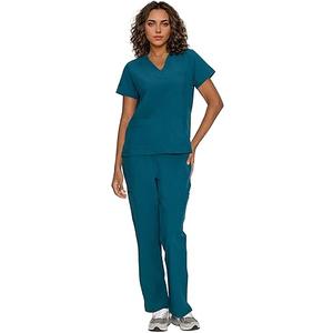 Scrubs for Women, V-Neck Scrubs Top & Cargo Pants with 12 Pockets, Yoga Waistband, 4 Way Stretch (Large, Caribbean Blue)