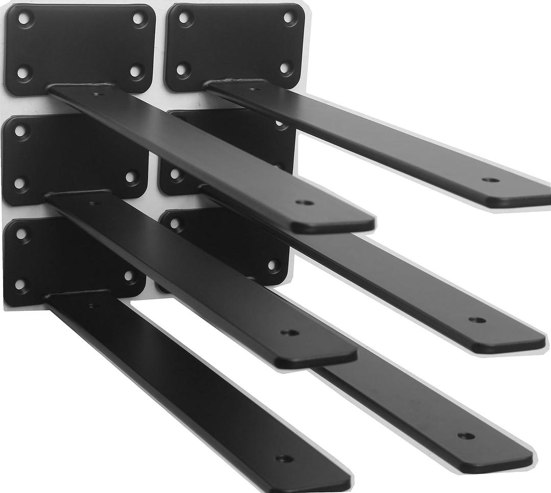 6 Pack - 10 inch Black Hidden L Shelf Bracket (1/5 Inch Thick) Iron Floating Shelf Brackets Rustic Industrial Metal Brackets for Shelf Support