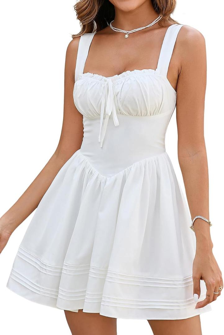 HTZMO Women Summer Casual Square Neck Mini Sundress Corset A Line Flowy Swing Cute Graduation Party Short Dress, M