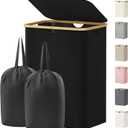 Lifewit 150L Laundry Basket with Lid, Clothes Hampers with Bamboo Handles and 2 Removable Bags, Large Foldable Laundry Hamper for Bedroom, Bathroom, Dorm, Black