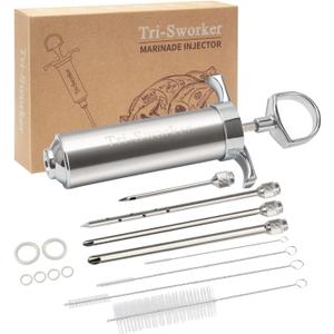 Tri-Sworker Meat Injector Syringe with 4 Marinade Flavor Food Injector Needles, Ideal for Injecting Marinades into Meats, Turkey, Brisket, Beef; 2-OZ Capacity