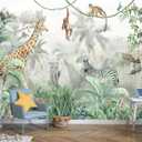 Reyhui Kids Wallpaper Tropical Leves and Safari Animals
108"x75" Not Peel and Stick Wall Mural for Wall Bedroom Living Room TV Background Sofa Wall