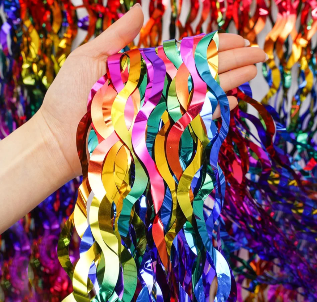 Shiny Wave Metallic Tinsel Foil Fringe Curtains 3.3x6.6ft Colorful Streamer for Party Decorations Birthday Wedding Graduation Baby Shower 2 Packs