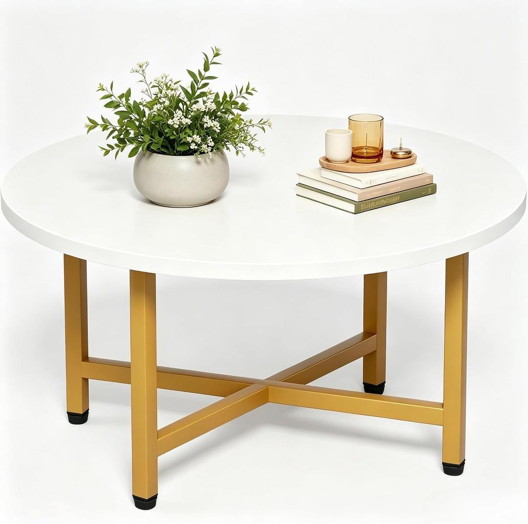 Coffee Table, 23.6" Small Coffee Tables, Gray Round Coffee Tables for Living Room, Floor Table for Sitting on The Floor, Center Coffee Table with Metal Frame for Office Apartment Home, Gold