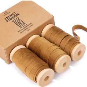 3 x Vitalizart Khaki Velvet Ribbon Set 3/8" x 15 Yd Fall Ribbon Fabric Trim 3 Rolls * 5 Yd for Christmas Wreath Decoration Handmade Craft Ornaments Gift Wrapping & Bow Making (Brown)