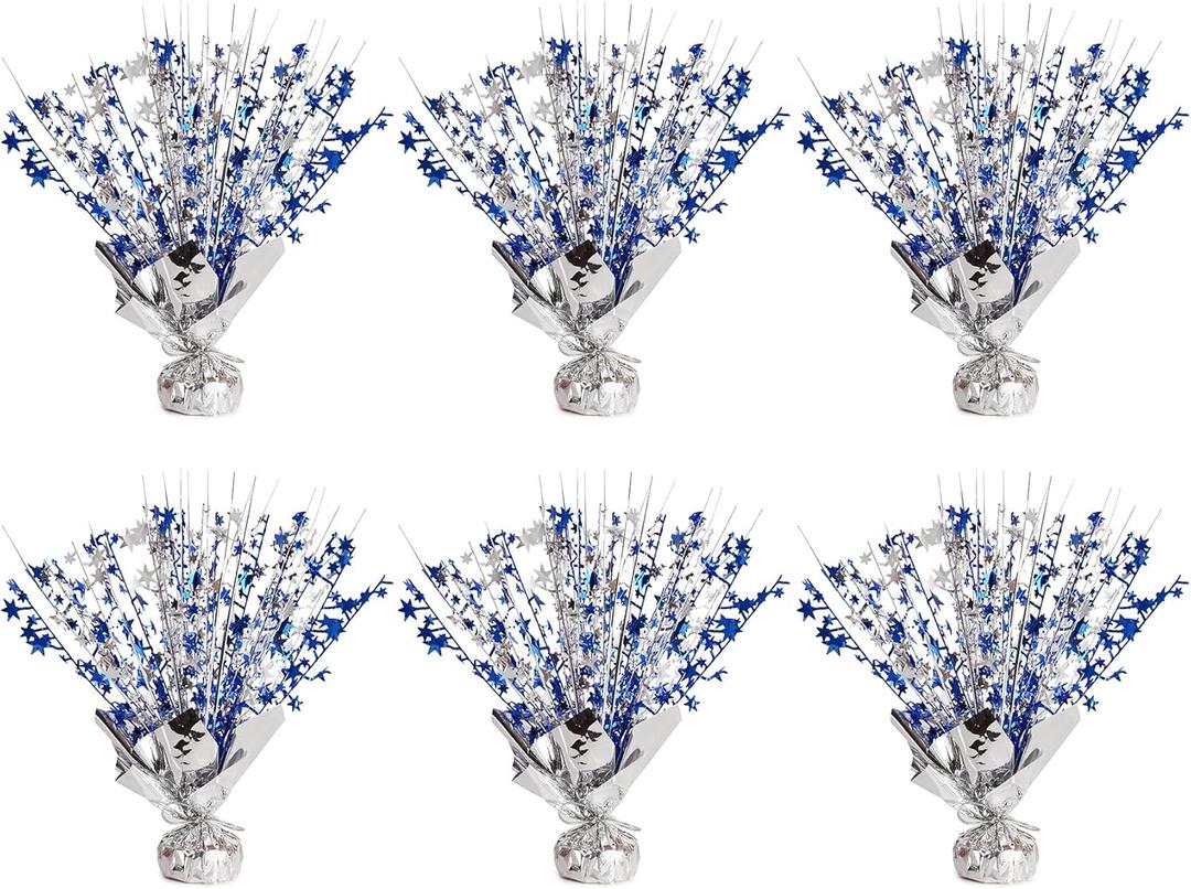 6 Pack Metallic Foil Spary Centerpieces for Tables, Silver Navy Blue Centerpieces for Tables Decorations, Star Brust Table Centerpieces for Birthday Graduation Wedding Baby Shower Party
