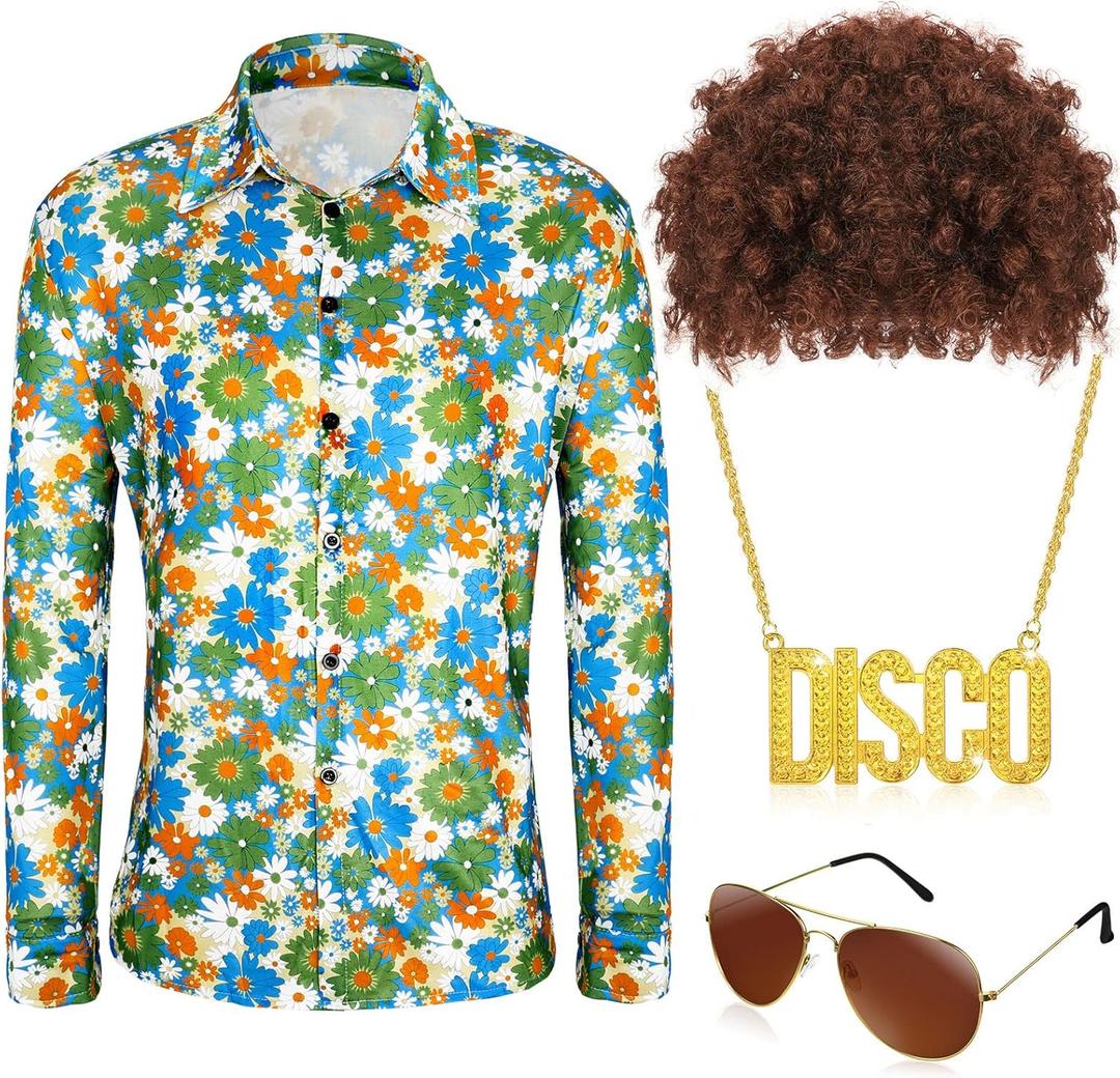 Shihanee 4 Pcs Mardi Gras Men 60s 70s Disco Costume Hippie Outfit Floral Shirt Wig Sunglass Gold Necklace for Cosplay Party (S)