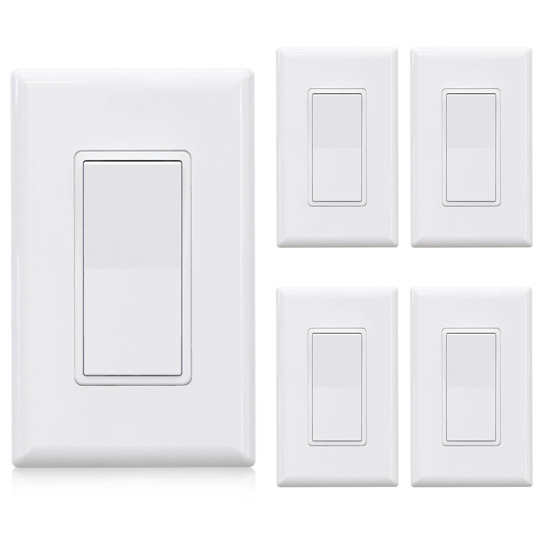 ELEGRP Single Pole Decors Light Switch with Screwless Plate, 15A 120/ 277V, Paddle Rocker Switch Replacement, On/ Off Wall Switch, Self-Grounding, Residential Grade, UL/ CUL (5 Pack, Glossy White)