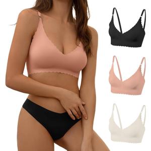 DEANGELMON V Neck Bra Padded Seamless Adjustable Straps Bralettes Everyday Basic Sleeping Bras Multiple Pack (Large, Black,soft Peach,apricot)