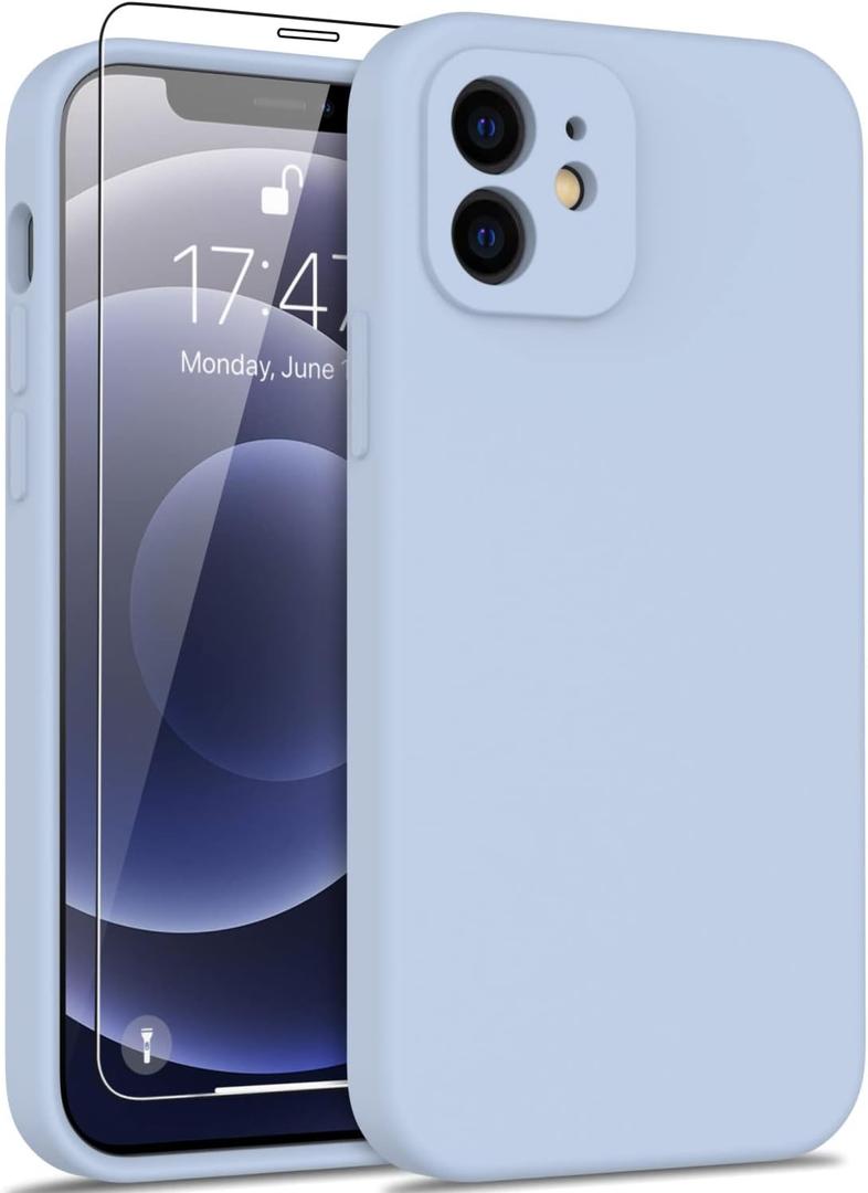 DEENAKIN Compatible with iPhone 12 Silicone Case with Screen Protector,Enhance Camera Protection,Soft Flexible Slim Fit Protective Phone Cover 6.1" for Women Girls Light Blue