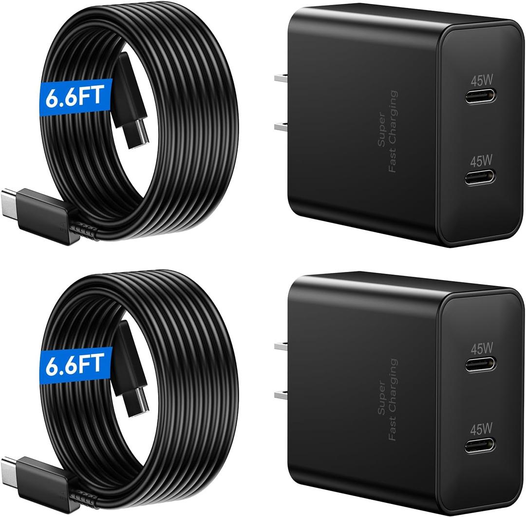 45W Super Fast Charger 2Port Type C Charger Fast Charging 6.6FT USB C Cord with Android Phone Charger Block for Samsung Galaxy S26/S26 Ultra/S26+/S25 Ultra/S25+/S24/S23/S22/S20/Note10+/Tab S9,2Pack