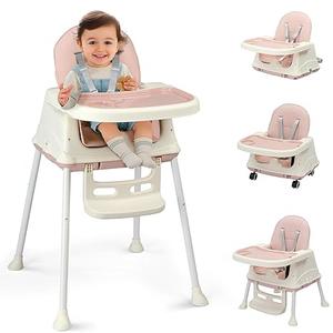 Ktaxon 6-in-1 Baby High Chair, Portable Convertible Highchair with Removable Dual-Layer Tray, 5-Point Safety Harness and Locking Wheels for Toddlers & Babies, Pink
