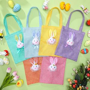 SilTriangle 6 Pack 3D Easter Candy Bunny Bags Assorted Color Burlap Gift Goodie Bags for Easter Treats Party Favors Baby Shower Egg Fillers & Basket Stuffers