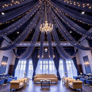Navy Blue Ceiling Drapes with Lights String for Weddings, 6 Panels 5ftx30ft Sheer Tulle Backdrop Photo Background Drapes for Wedding Ceremony Birthday Party Arch Decoration