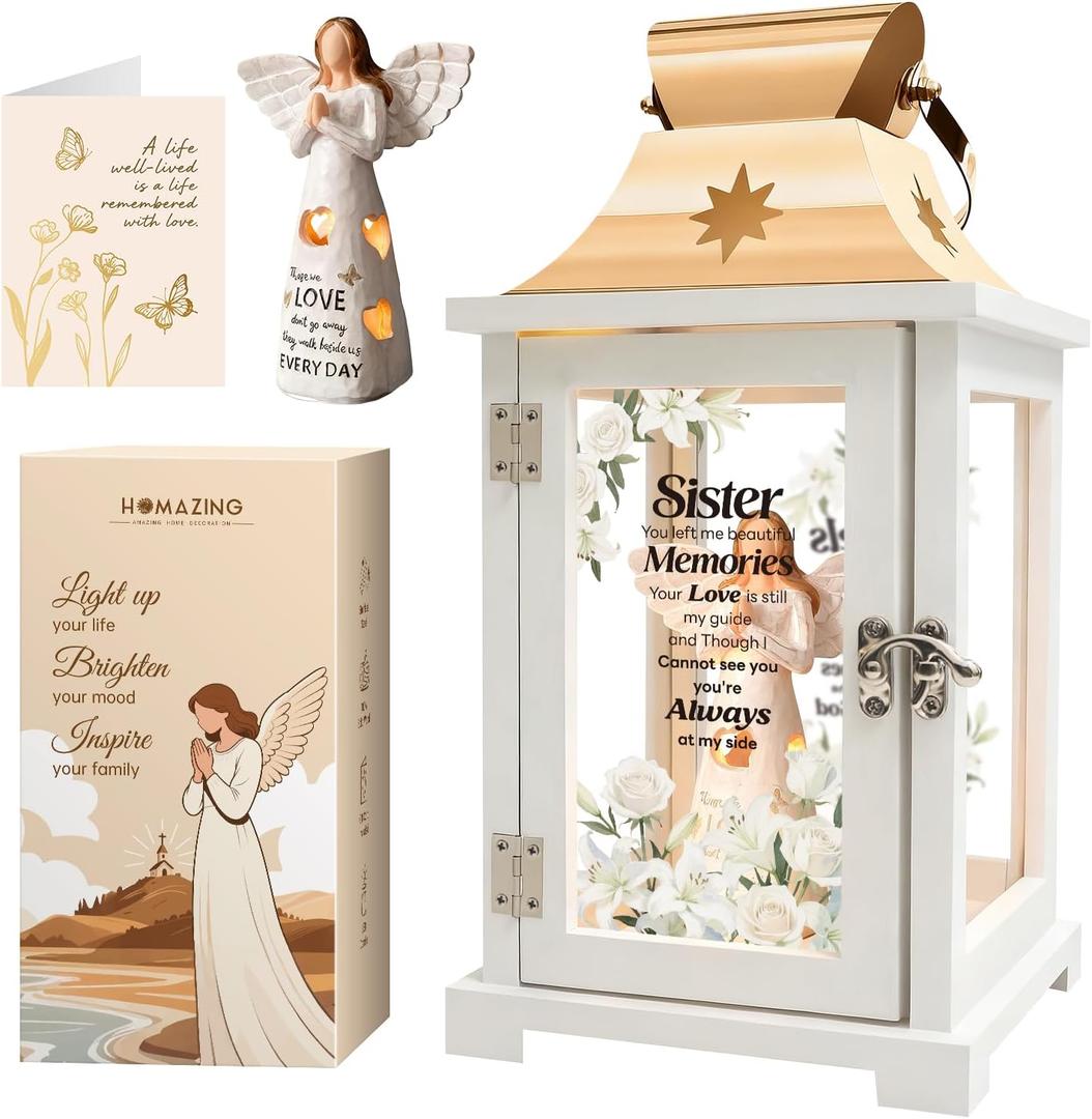 Homazing Memorial Gift for Loss of Sister Memorial Lantern Sympathy Remembrance Bereavement Gifts for Loss of Sister with Angel Figurine
