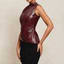 Women's PU Leather Tank Top Mock Neck Ruched Sleeveless Y2k Pleated Asymmetrical Shirts with Zipper