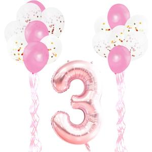 KUNGYO 3rd Birthday Party Decor Kit - Giant Rose Gold Number 3 Foil Balloon, Pink Ribbons, Latex Confetti Balloons, 18 Pieces Party Supplies for Girl Birthday Anniversary Ceremony