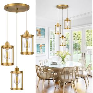 3-Light Pendant Lighting, Brushed Gold Dining Room Chandelier Light Fixture Over Table with Clear Glass, Modern Cluster Hanging Lights for Kitchen Island Sink, OS-3014-3BG