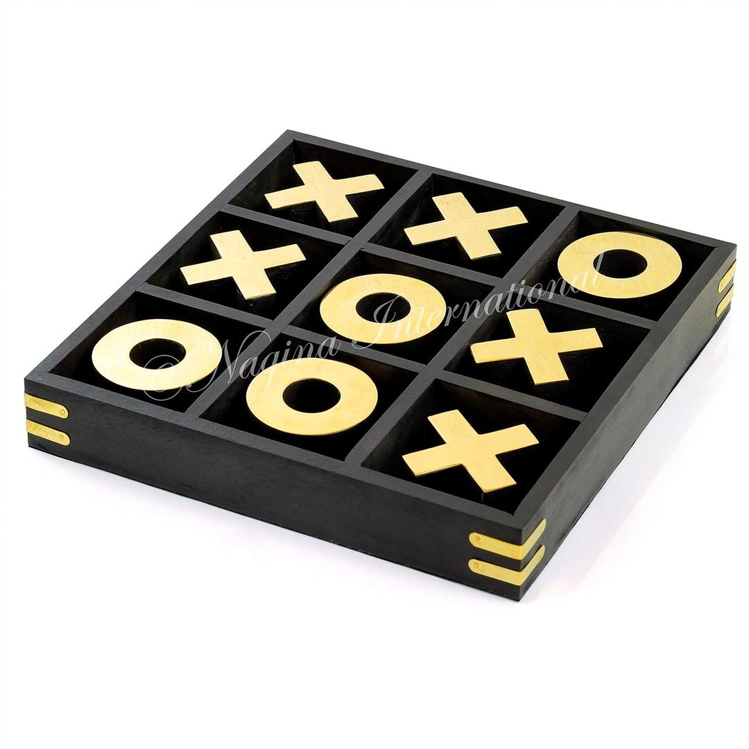 10" Large Elegant Premium Black Tic Tac Toe Board Game | Wooden Puzzle Game | Coffee Table Wooden Decor & Games | Lightweight Gold Plated Pieces [B08YYNYR8R]