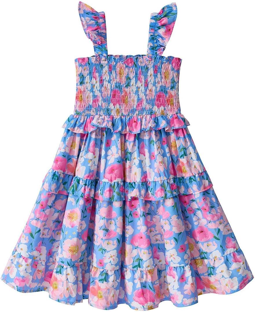 Little Bitty Toddler Girl Smocked Dress Floral Flutter Sleeve Ruffle Dresses Girls Summer Outfits Beach Sundress 2-7 Years (5T, Lilac)