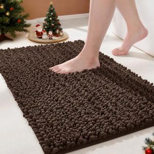 Yimobra Bathroom Rugs Non Slip Washable - Ultra Soft Absorbent Chenille Bath Mat, Quick Dry Shaggy Floor Carpet for Tub Shower, Brown Home Decor Accessories, 24x17 Inch