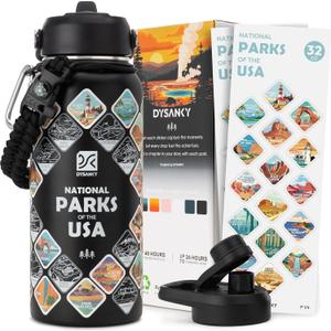 DYSANKY National Parks Water Bottle 32 oz Insulated Stainless Steel Water Jug with 63 Hand-Drawn Park Stickers, Outdoor Accessories & Gift Box BPA-Free Ideal for Hiking, Camping & Travel