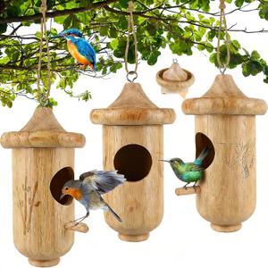 Hummingbird House for Outside Hanging, Small Wooden Hummingbird Gifts Nest 3 Pack with Hemp Ropes, Gardening Gifts Humming Bird Houses Home Decoration