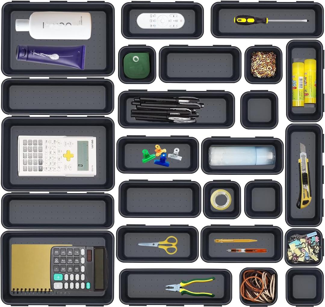 25 PCS Interlocking Desk Drawer Organizer Separator for Office,Bathroom,Kitchen,Makeup,Tool4 Sizes (Black)