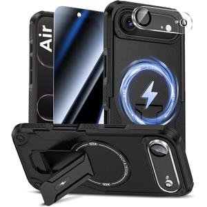 Goton for iPhone Air Case with Privacy Tempered Glass Screen Protector & Camera Lens Protector, Compatible with MagSafe, Invisible Kickstand, Shockproof Phone Cover for iPhone 17 Air, Black