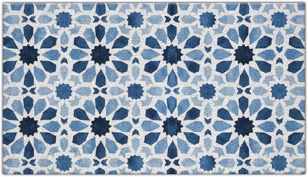 Blue Floral Moroccan Tile Door Mats Outdoor Entrance, Modern Blue and White Welcome Bath Mats for Front Door, 17x30 Inches