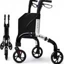 Premium 3 Wheel Rollator Walker for Seniors, Lightweight Foldable Three Wheeled Rolling Walker with Storage Bag, Aluminum Mobility Aid (Gray&white)