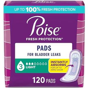Poise Incontinence Pads & Postpartum Incontinence Pads, 3 Drop Light Absorbency, Regular Length, 120 Count (3 Packs of 30), Packaging May Vary