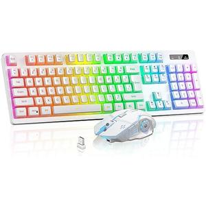 Wireless Gaming Keyboard and Mouse Combo - RGB Backlit, Rechargeable, Ergonomic, for Gaming Work, Long-Lasting Built-in Battery (White)