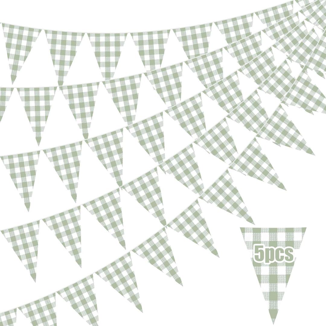 5 Pieces Green and White Checkered Banners Gingham Pennant Flags Sage Green Gingham Single Sided Paper Triangle Flag for BBQ Picnic Wedding Baby Shower Birthday Party Decorations Supplies